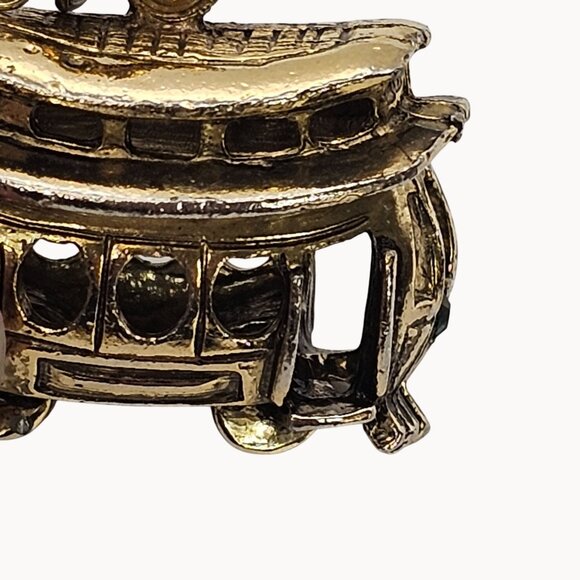 VTG Necklace Brass Tone Trolley Train Box Car Whimsigoth Steampunk Fashion - Picture 6 of 16